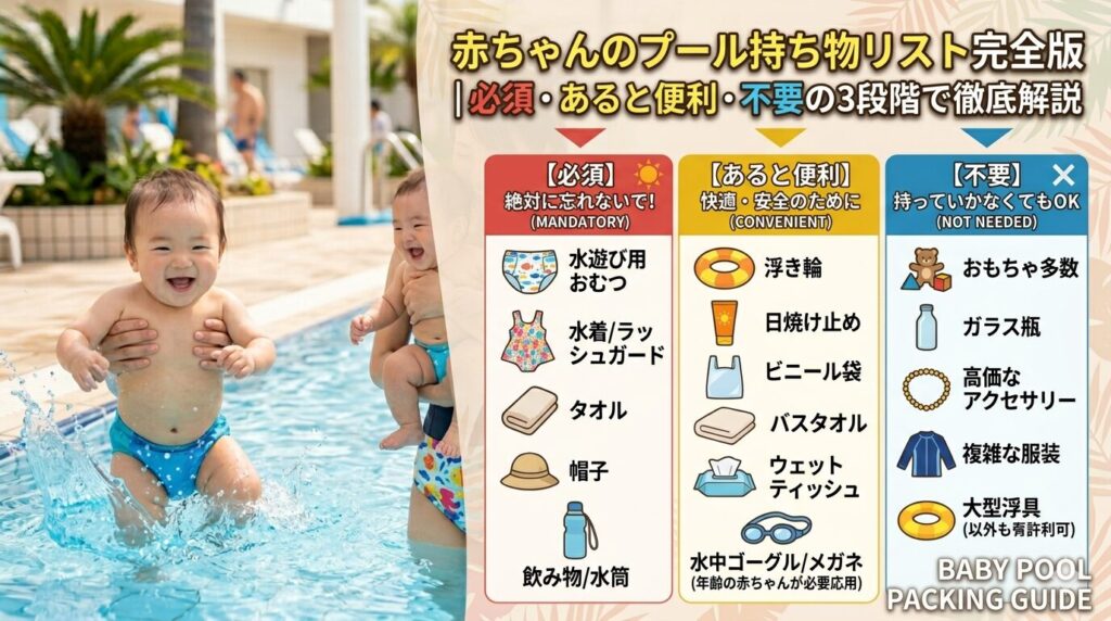 赤ちゃんのプール持ち物リスト完全版｜必須・あると便利・不要の3段階で徹底解説